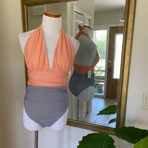 NWT Cupshe Coral/B&W One Piece Halter Swimsuit SM